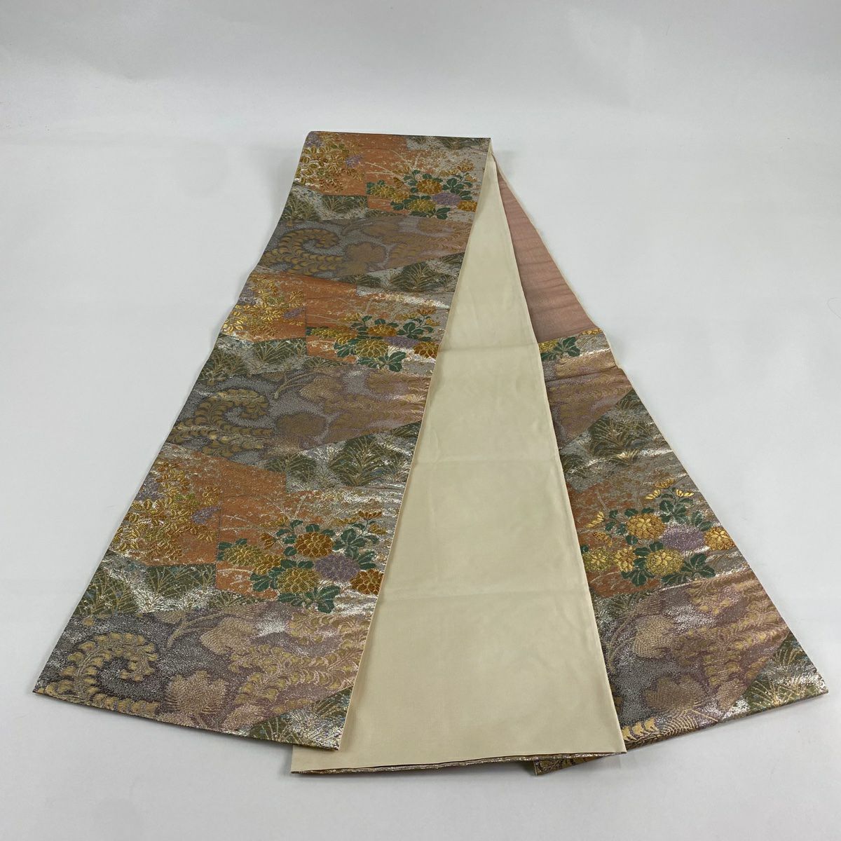 袋帶 美品 秀品級 秋草 若松樹 金絲 金金箔 灰紫 六通 純蠶絲