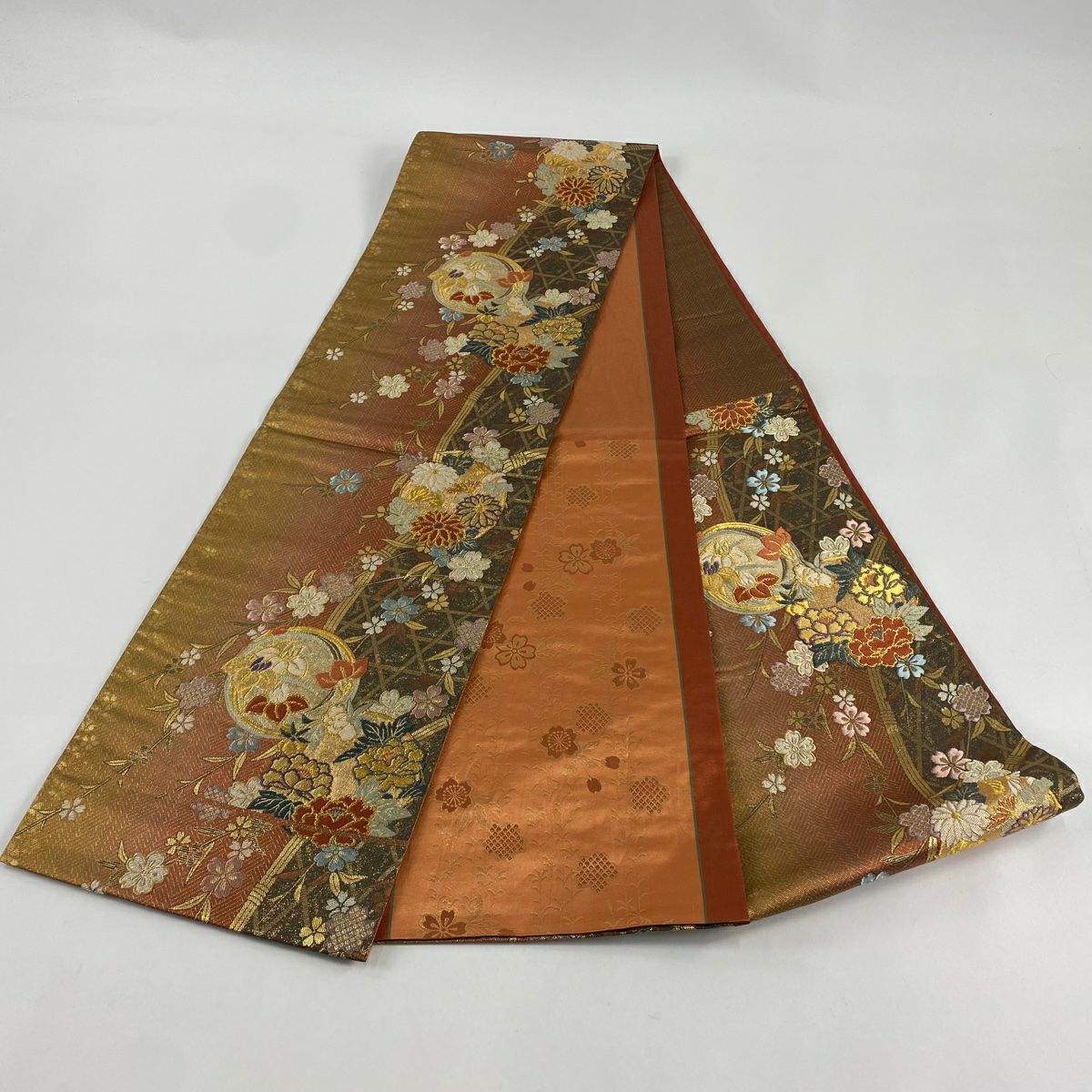 袋帶 美品 秀品級 花丸紋 櫻花 金金箔 橙色 六通 純蠶絲