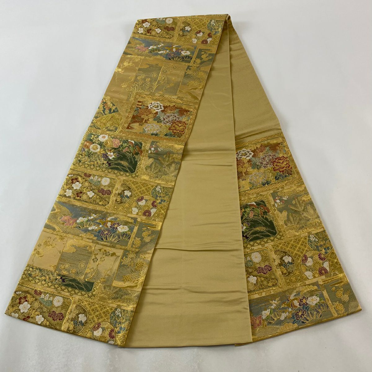 袋帶 美品 秀品級 牡丹 松樹竹子梅花 金金箔 唐織 金色 六通 純蠶絲