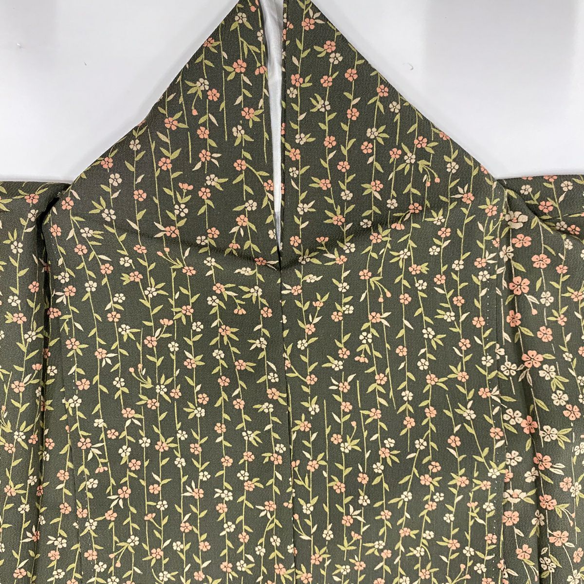 【美品】 小紋 身長156cm 袖長64.5cm M 雙層 櫻 深綠 純蠶絲 優品級