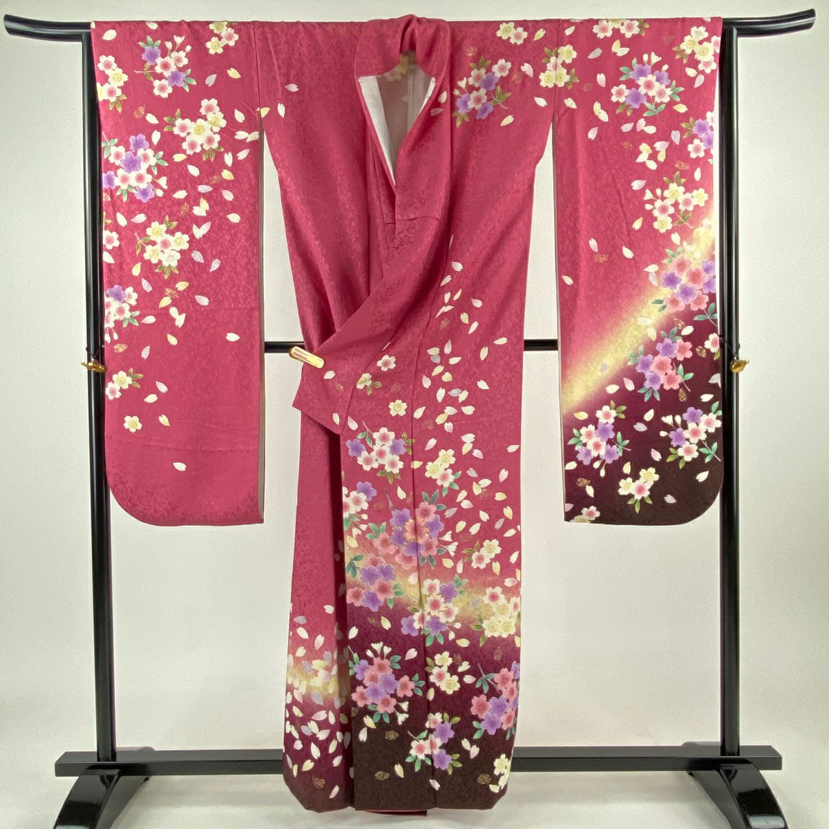 振袖禮服 身長159cm 袖長65.5cm M 雙層 鈴乃屋 樱花花瓣 金通 金絲 粉色 純蠶絲 逸品級