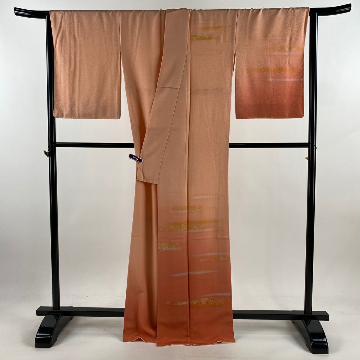 【美品】 付下 身長165.5cm 袖長68cm L 雙層 人間國寶 福田喜重 鈴乃屋 落款あり 霞 金金箔散佈 金銀彩 漸層 淺橙色 純蠶絲 逸品級 一つ紋