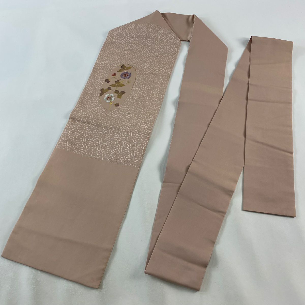 名古屋帶 優品級 草花紋刺繡 金銀線 粉米色 純蠶絲