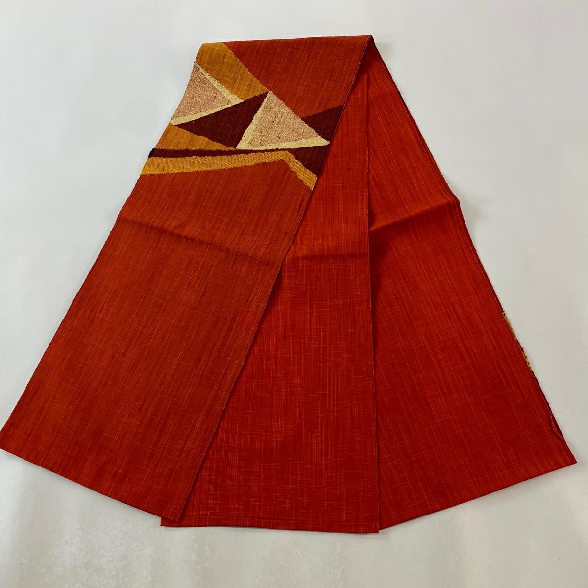 【美品】 開口名古屋帶 優品級 紬織織 八寸名古屋帶 隧道仕立 幾何圖案 朱色 純蠶絲