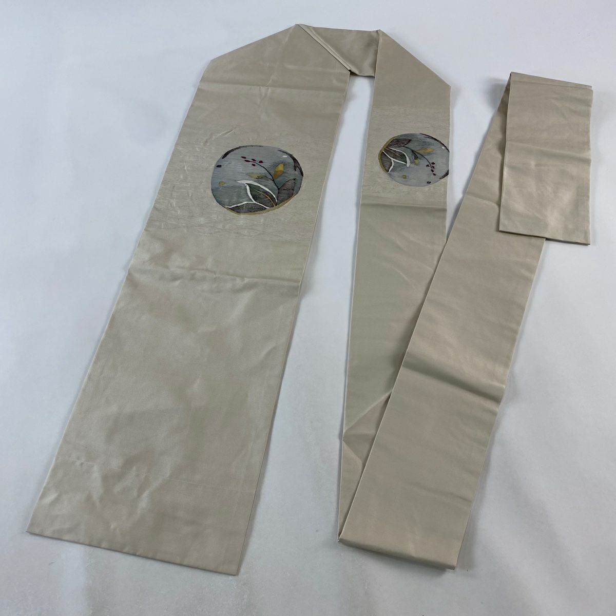 【美品】名古屋帶 優品級 圓文 草花紋 淺米色 純蠶絲