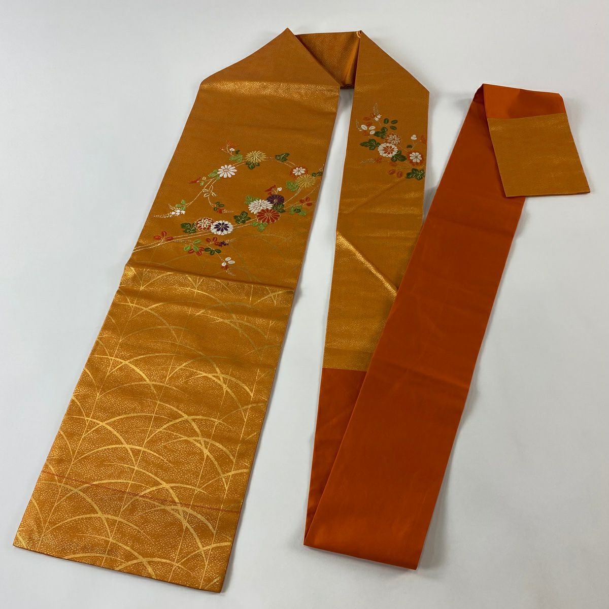 【美品】名古屋帶 優品級 菊花 萩 唐織 金金箔 淺橙色 純蠶絲