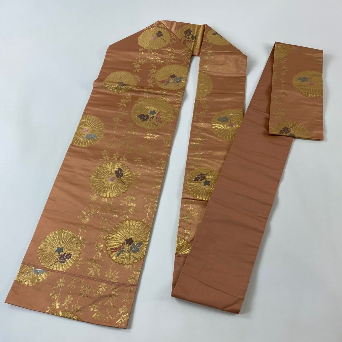名古屋帶 優品級 菊花 枝垂櫻 金金箔 金絲 鮭粉色 純蠶絲