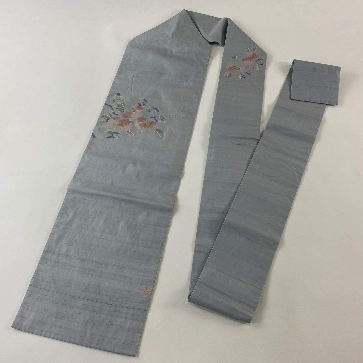 名古屋帶 優品級 落款 夏紬織織 椿 青灰 純蠶絲