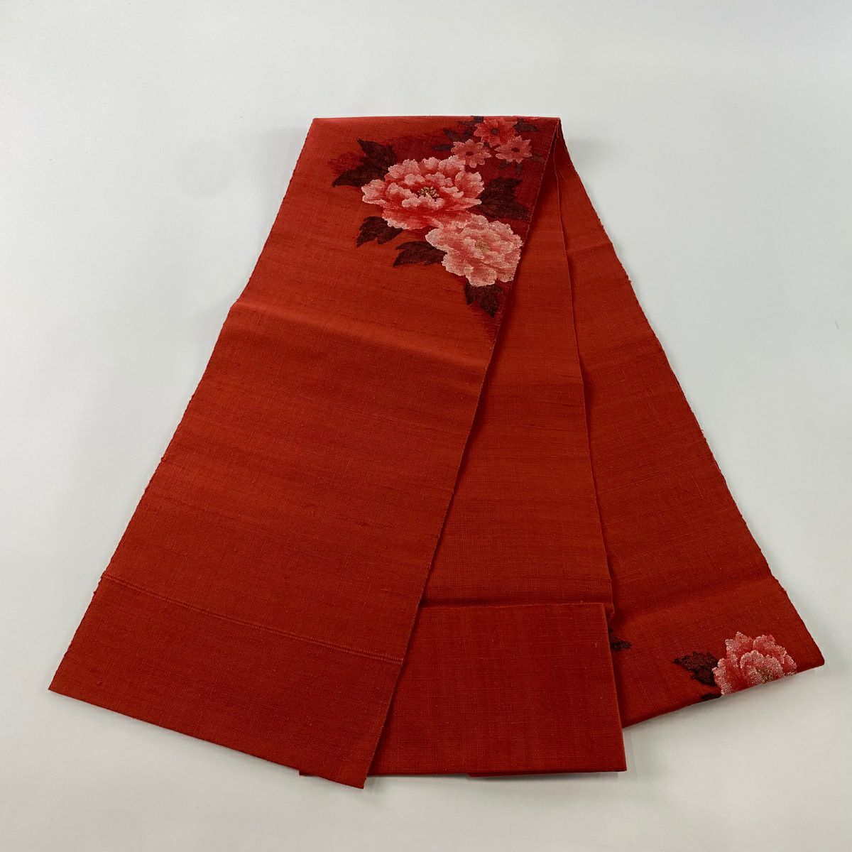 【庫存清倉】 名古屋帶 名品級 渡文 八寸名古屋帶 松樹葉仕立 紅色 純蠶絲