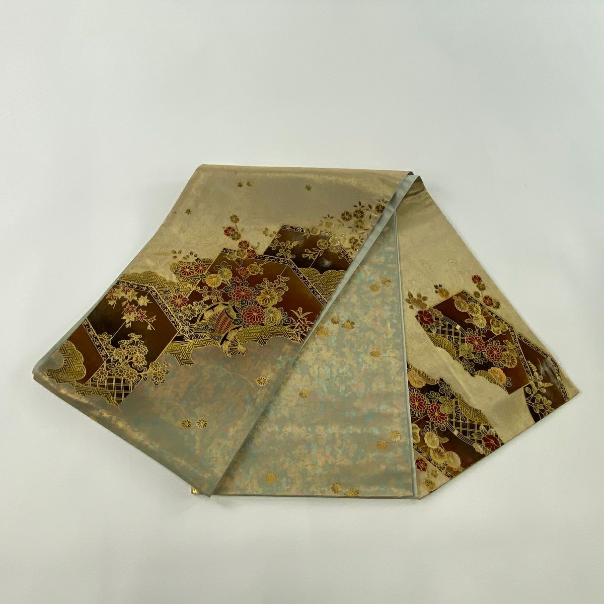 【美品】 袋帶 秀品級 落款 花車 雲文 金金箔 金銀彩 焦茶 純蠶絲