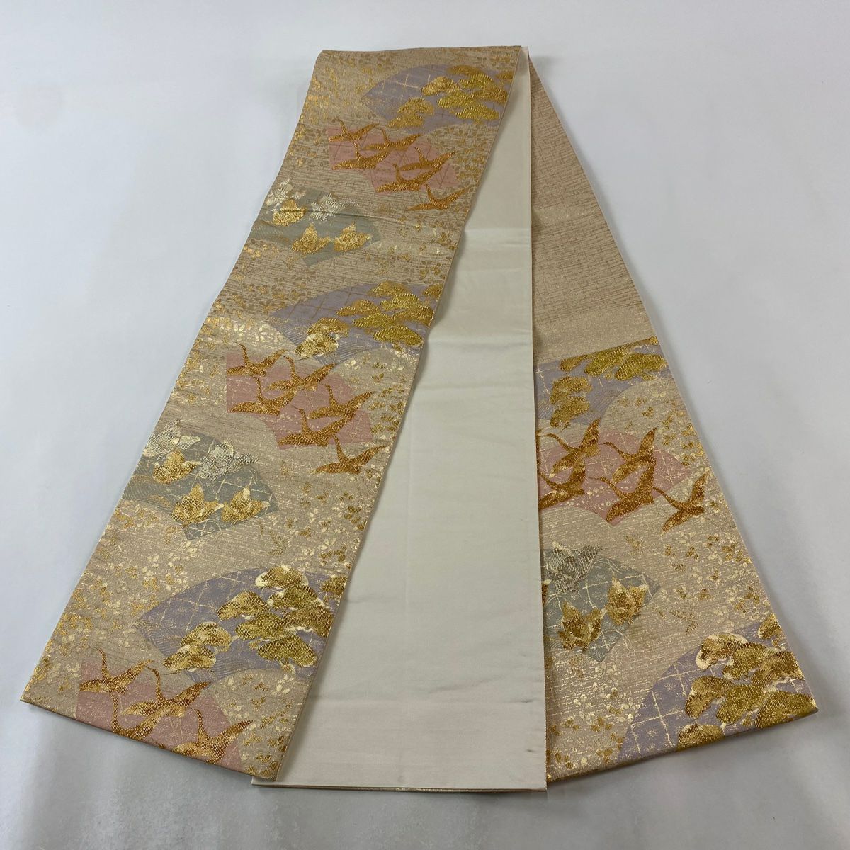 【美品】 袋帶 秀品級 仙鶴 松樹 金絲 金金箔 米色 六通 純蠶絲