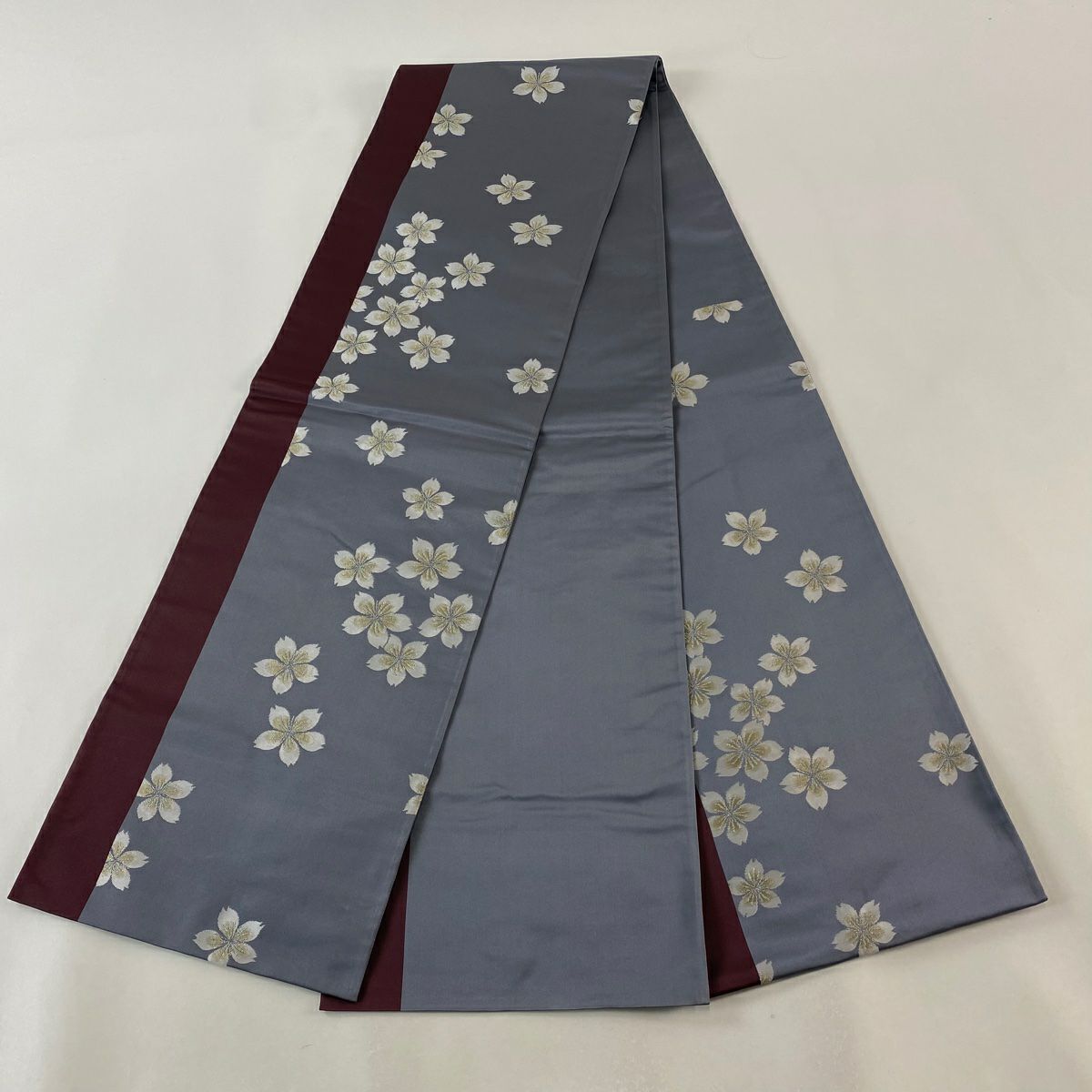 【美品】 袋帶 逸品級 辻村ジュサブロー 落款あり 櫻花 銀線 灰紫 六通 純蠶絲