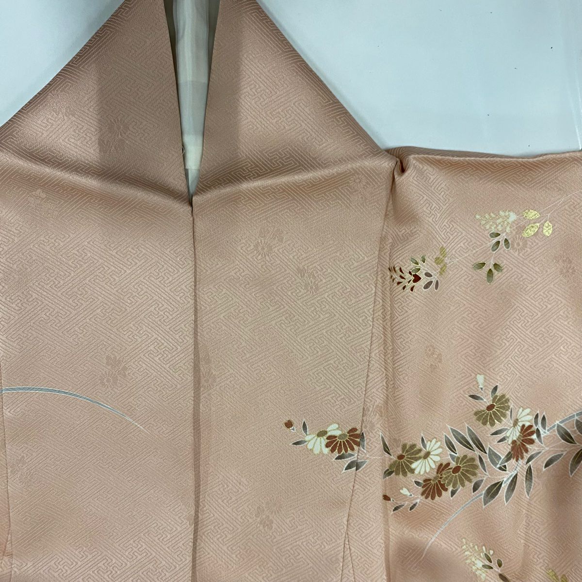 訪問服 身長155cm 袖長62.5cm S 雙層 四季草花紋 雲文 金絲 金銀彩 粉紅 純蠶絲 秀品級 一つ紋