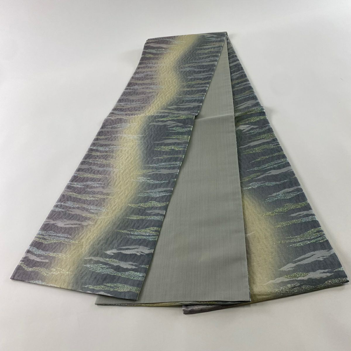 【庫存清倉】 【美品】 袋帶 名品級 霞 銀通 金金箔 灰紫 全通 純蠶絲