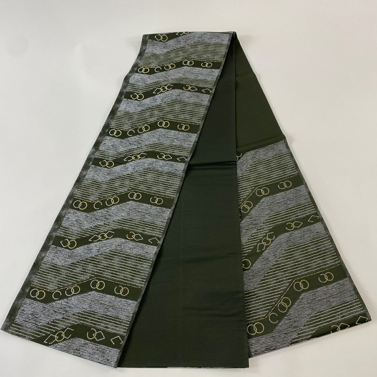 【庫存清倉】 【美品】 袋帶 名品級 條紋 幾何圖案 金銀線 深綠色 大鼓圖案 純蠶絲