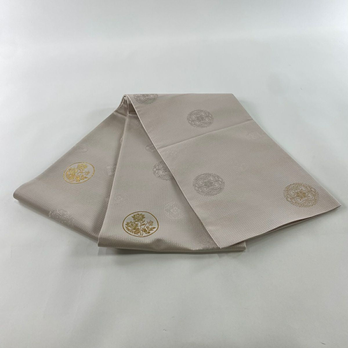 【庫存清倉】 【美品】 袋帶 名品級 圓文 地紋 金絲 粉米色 大鼓圖案 純蠶絲