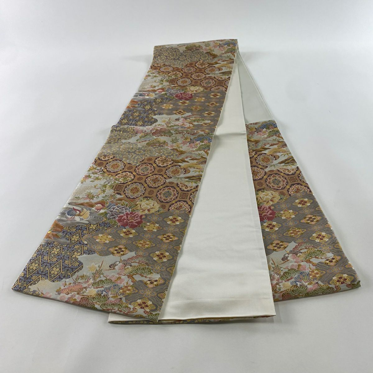 【庫存清倉】 【美品】 袋帶 名品級 蜀江華紋 花菱 金糸 金金箔 灰紫 六通 純蠶絲