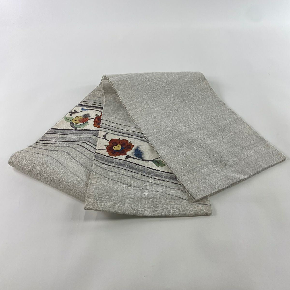 【庫存清倉】 袋帶 名品級 草花紋 灰 深藍色 正蠶絲