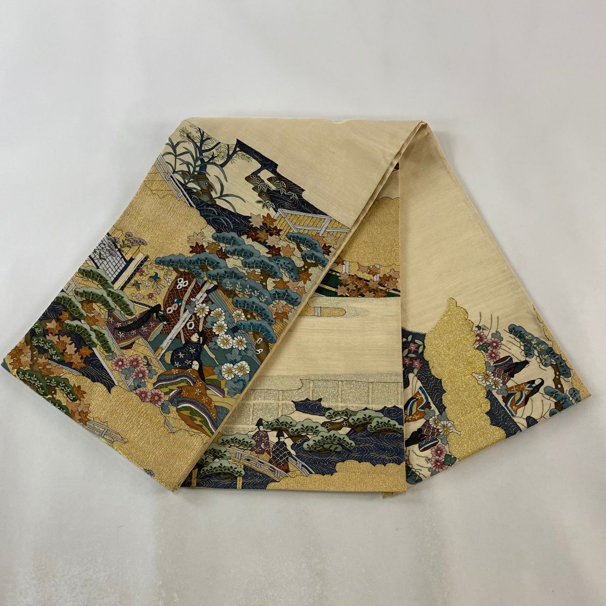 袋帶 逸品級 御所風景 笠松樹 金絲 綴織 米色 大鼓圖案 純蠶絲