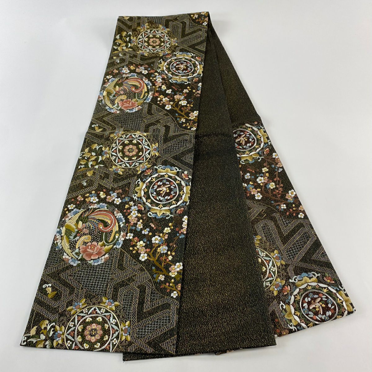 袋帶 逸品級 華紋 花鳥 金銀彩 刺繡 黑 六通 純蠶絲