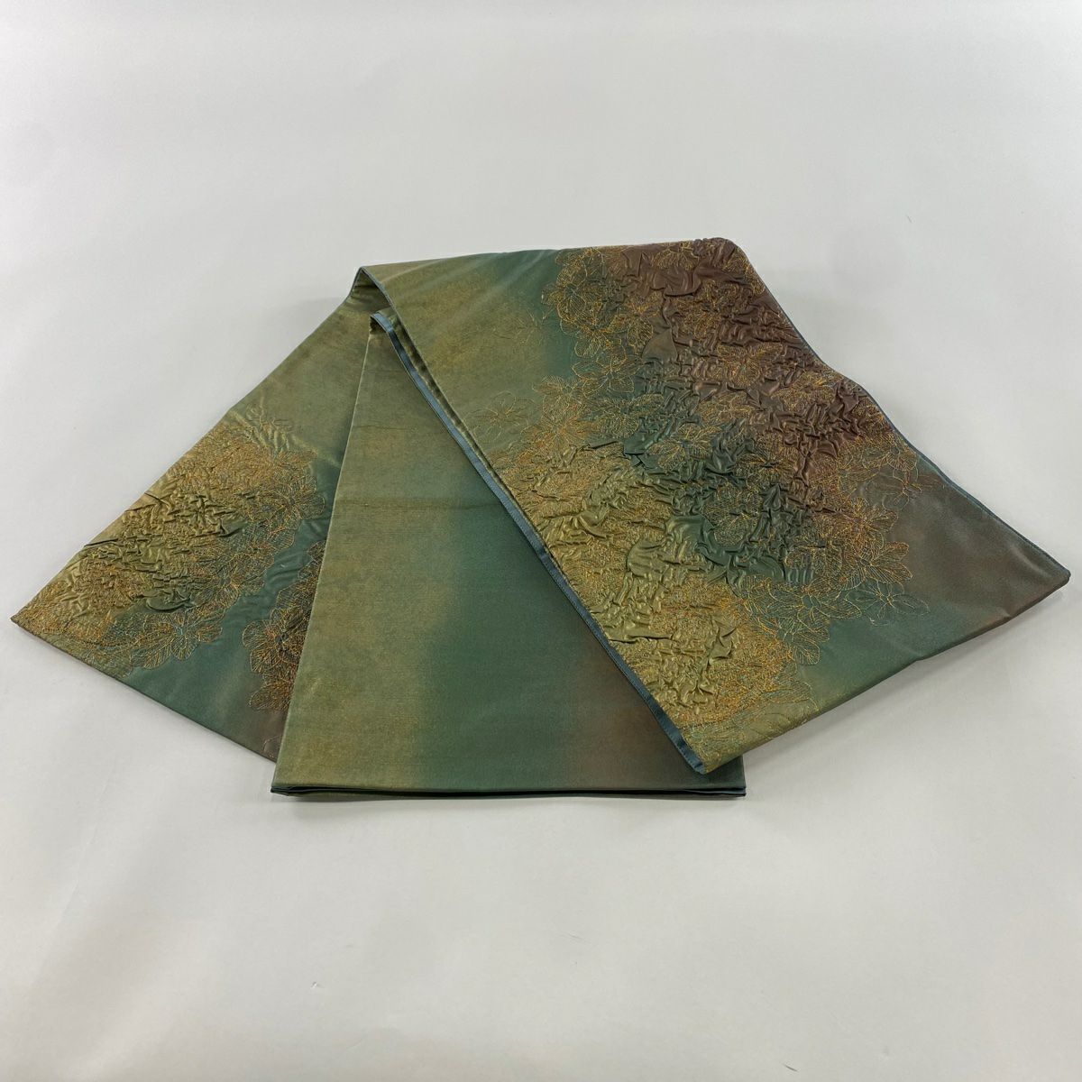 【美品】 袋帶 秀品級 草花紋刺繡 金線 綠色 大鼓圖案 純蠶絲