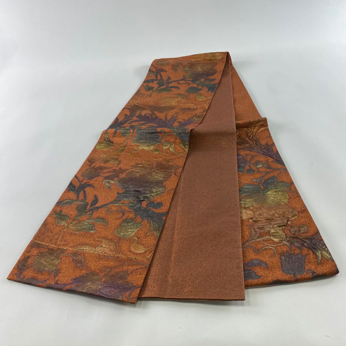 【美品】 袋帶 秀品級 花唐草紋 金金箔 橙色 六通 純蠶絲