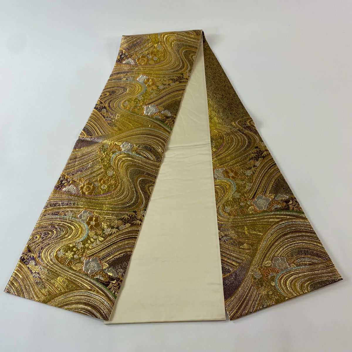 【美品】 袋帶 秀品級 草花紋紋 波 金絲 金金箔 金色 六通 純蠶絲