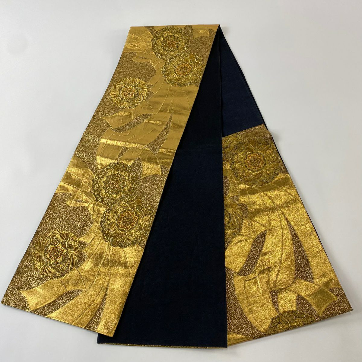袋帶 秀品級 花鳥紋 束帶熨斗紋 金金箔 金絲 金色 六通 純蠶絲