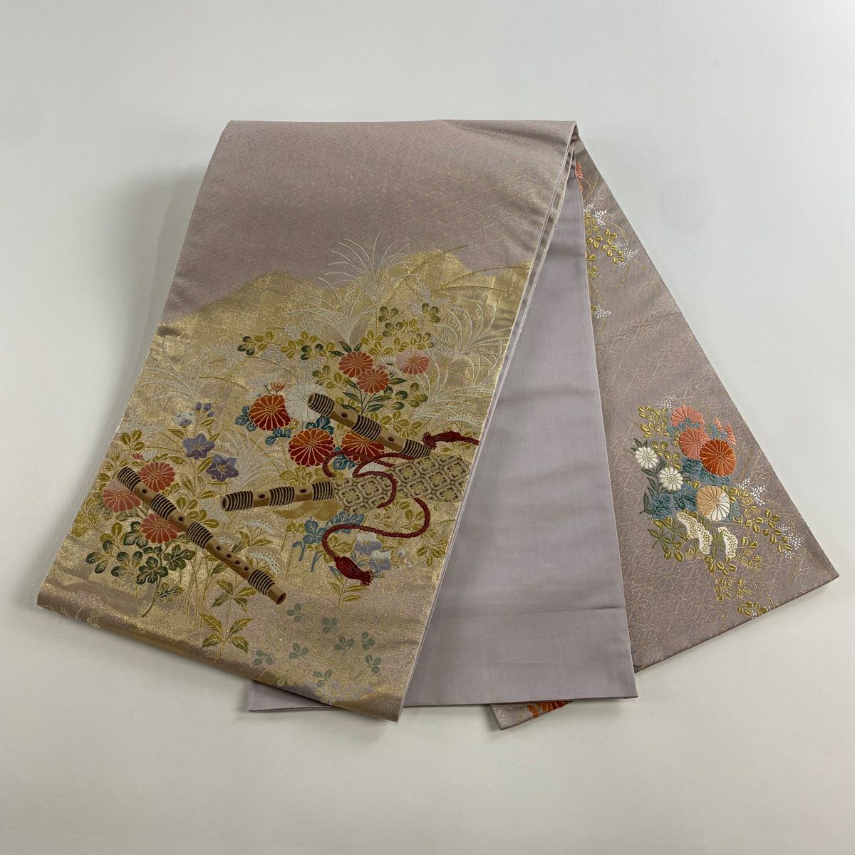 【美品】 袋帶 秀品級 和樂器 秋草 金金箔 金絲 米色 大鼓圖案 純蠶絲