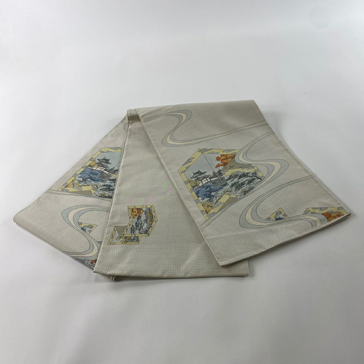 【美品】 袋帶 秀品級 屏風 城風景 灰白 全通 純蠶絲