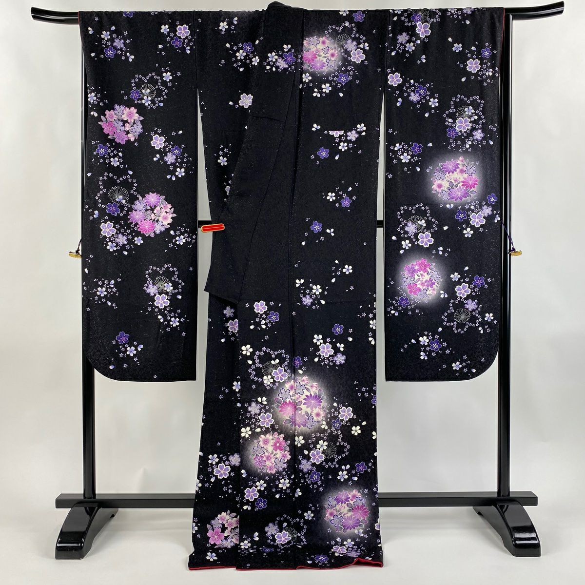 振袖禮服 身長178cm 袖長72.5cm L 雙層 花丸紋 櫻花 銀通し 金銀彩 黑 純蠶絲 逸品級