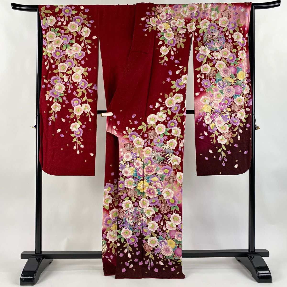 【美品】振袖禮服 身長167cm 袖長69cm L 雙層 花丸紋 垂枝櫻 金通 金絲 紅 純蠶絲 逸品級