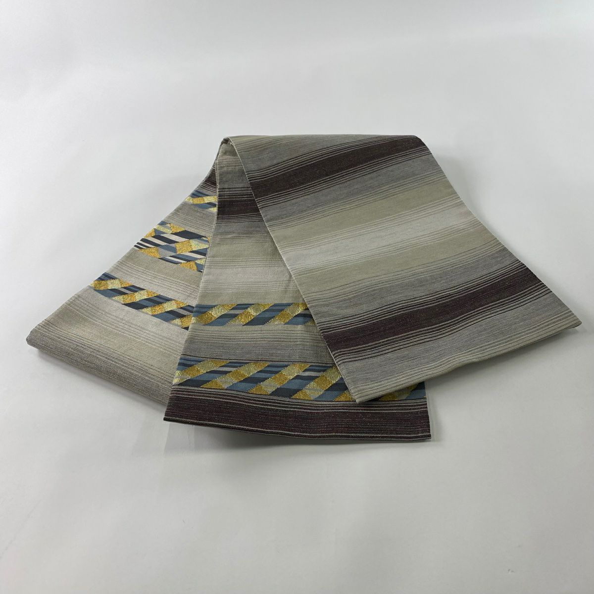 【清倉特賣】 【美品】 袋帶 名品級 段紋 斜紋 金絲 綴織 米色 大鼓圖案 純蠶絲