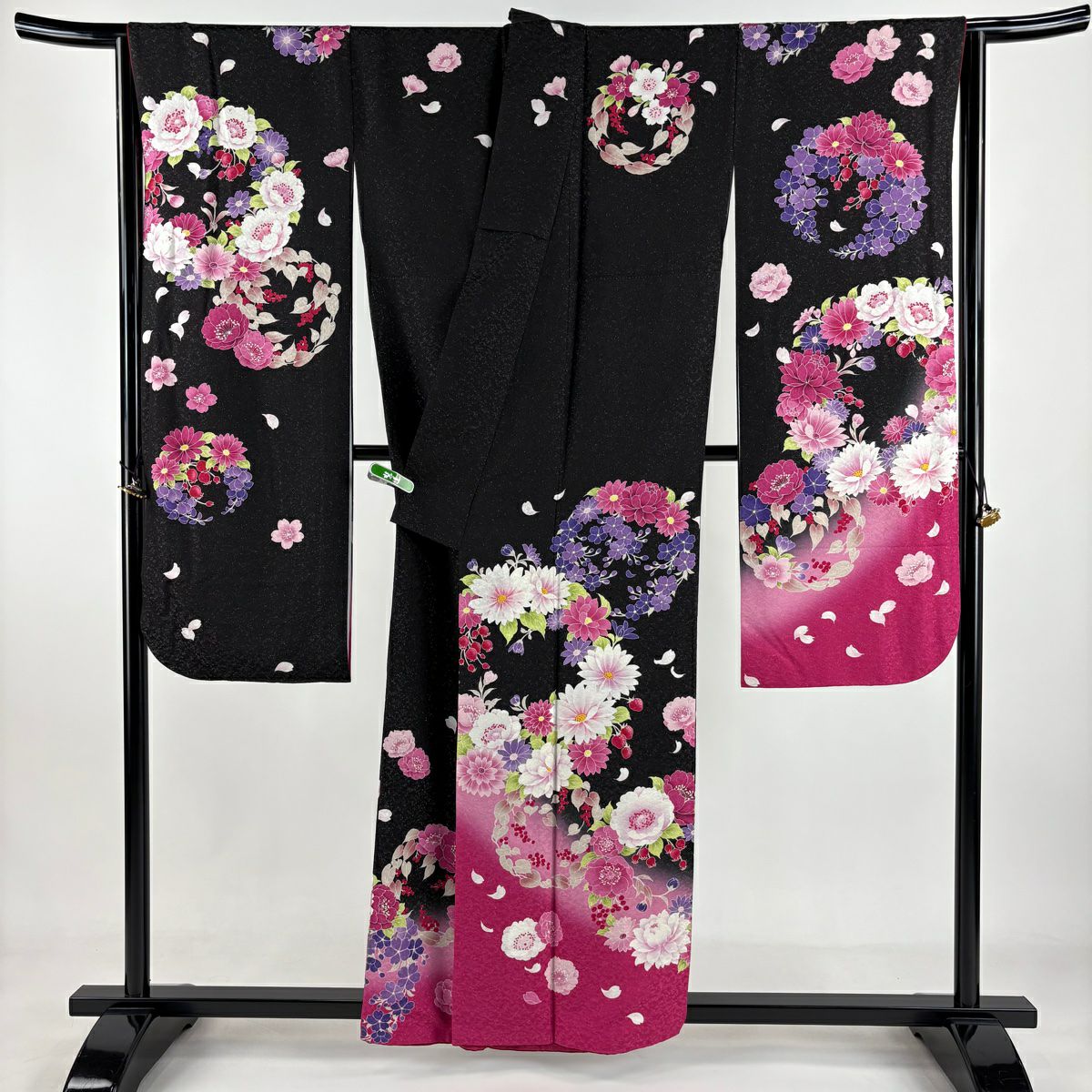 【美品】振袖禮服 身長156.5cm 袖長66.5cm M 雙層 大和 花丸紋 櫻 銀通 金銀彩 黑 純蠶絲 逸品級