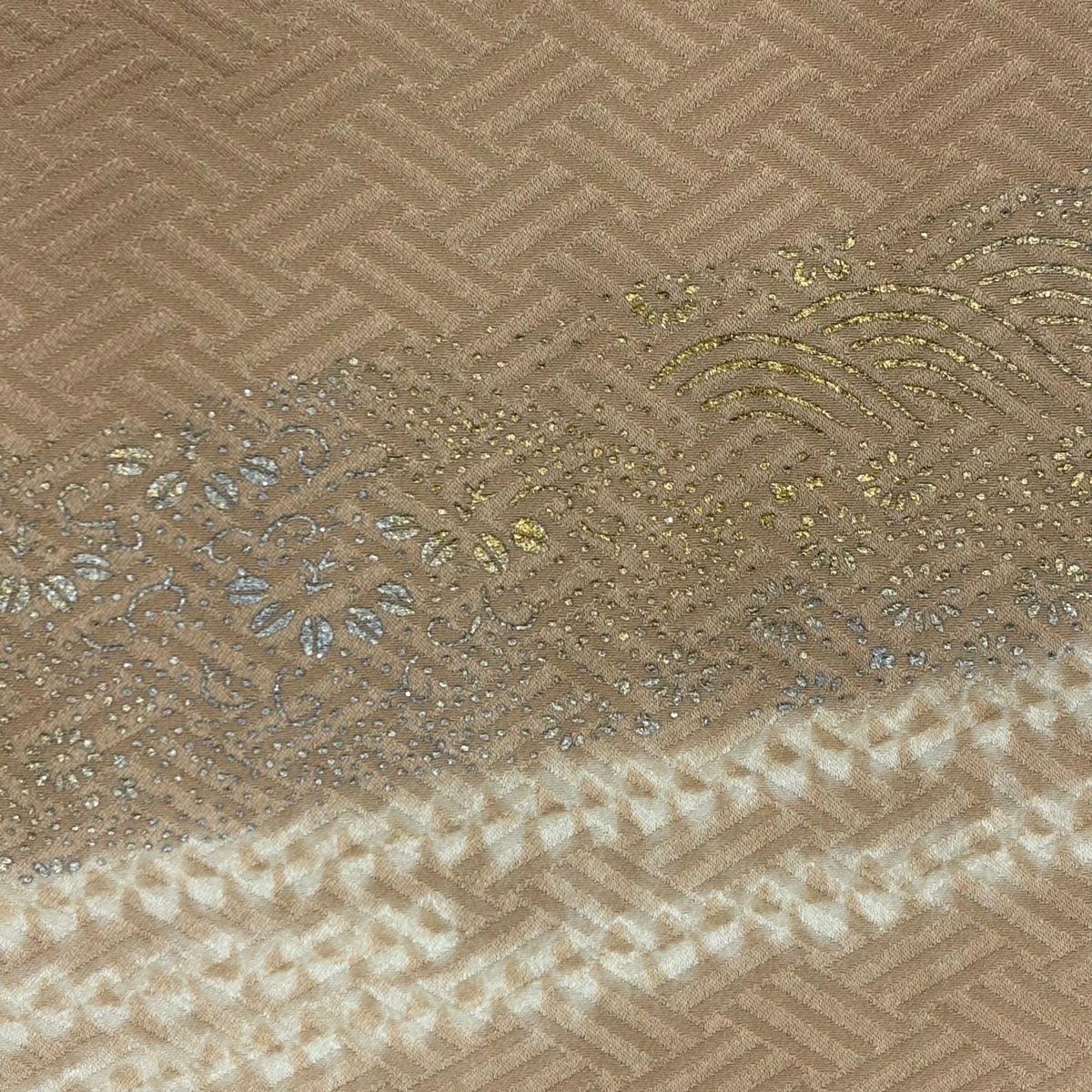 訪問服 身長156cm 袖長64cm M 雙層 雪輪 流水 刺繡 金銀彩 淺橙色 純蠶絲 名品級 一つ紋