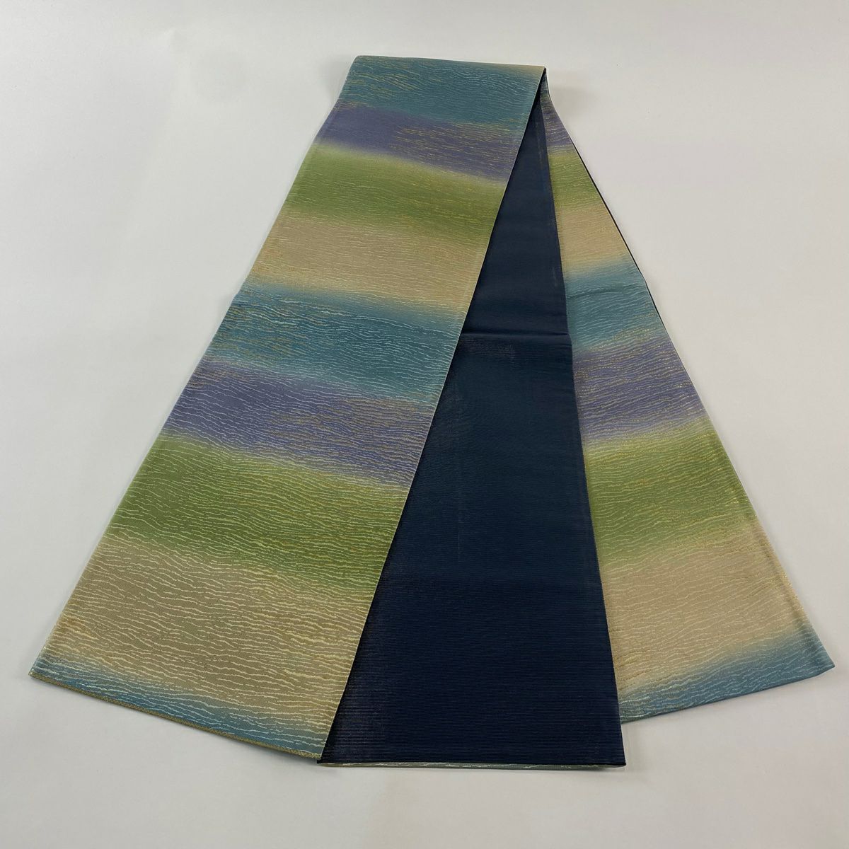 【庫存清倉】 【美品】 袋帶 名品級 雜色條紋 段紋 金金箔 漸層 青綠 全通 純蠶絲