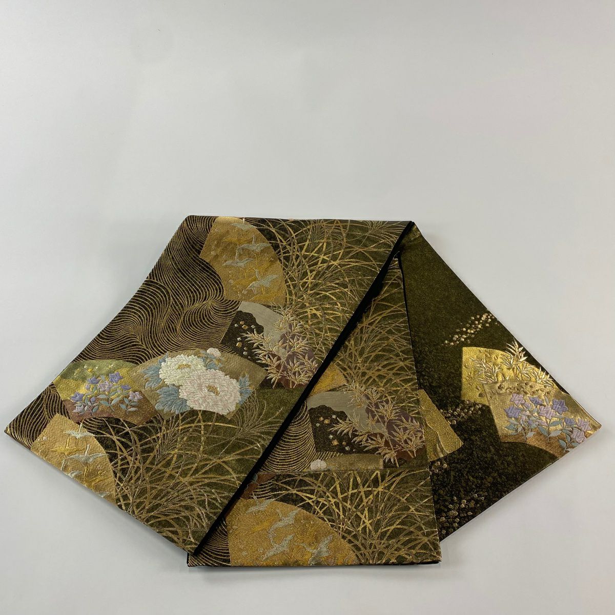 【庫存清倉】 【美品】 袋帶 名品級 じゅらく 附落款 扇子面 花鳥 金絲 金金箔 金色 六通 純蠶絲