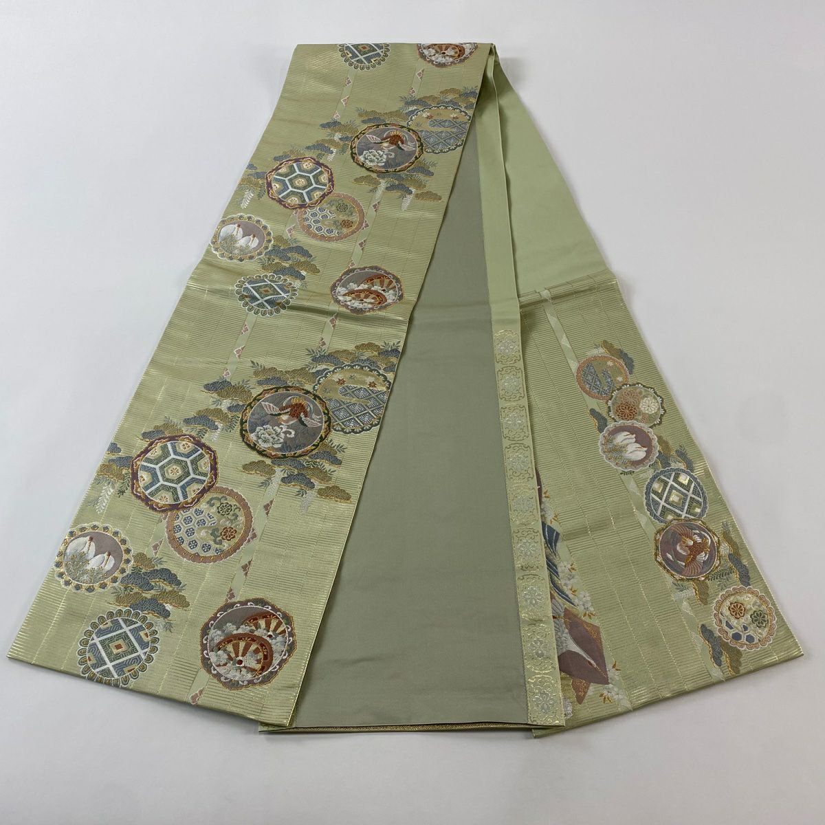 【美品】 袋帶 秀品級 2通 別腹新丸帶 花鳥 笠松樹 金絲 金金箔 淺綠 お太鼓圖案 純蠶絲