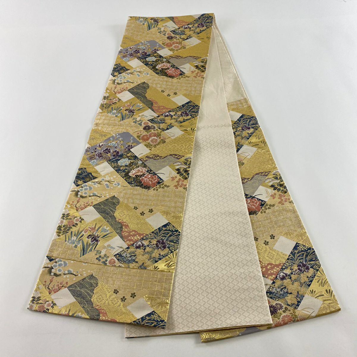 【美品】 袋帶 秀品級 紹巴 檜垣四季花紋 金絲 金金箔 金色 六通 純蠶絲