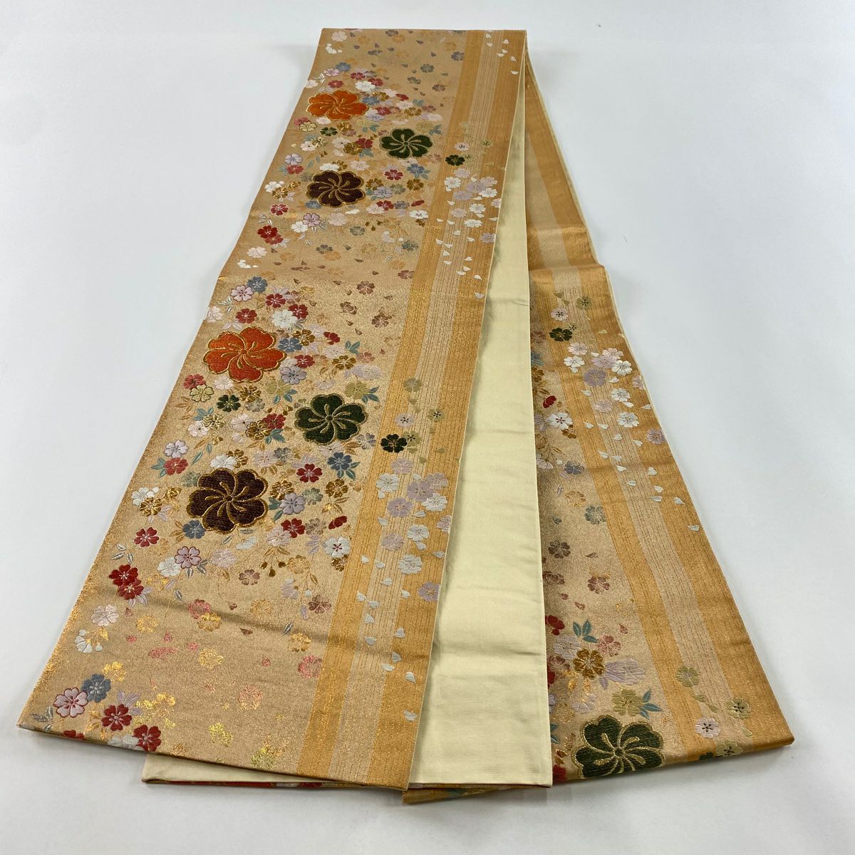 【美品】 袋帶 秀品級 樱花 金金箔 金絲 淺茶 深色 六通 純蠶絲