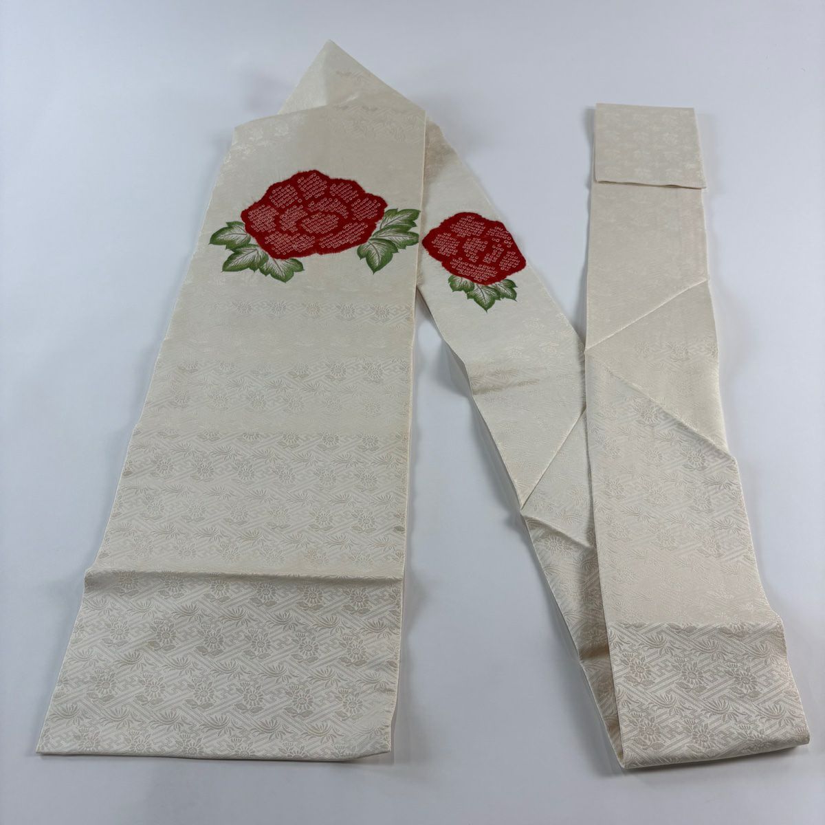 名古屋帶 優品級 草花紋紋 刺繡 絞染 奶油色 純蠶絲