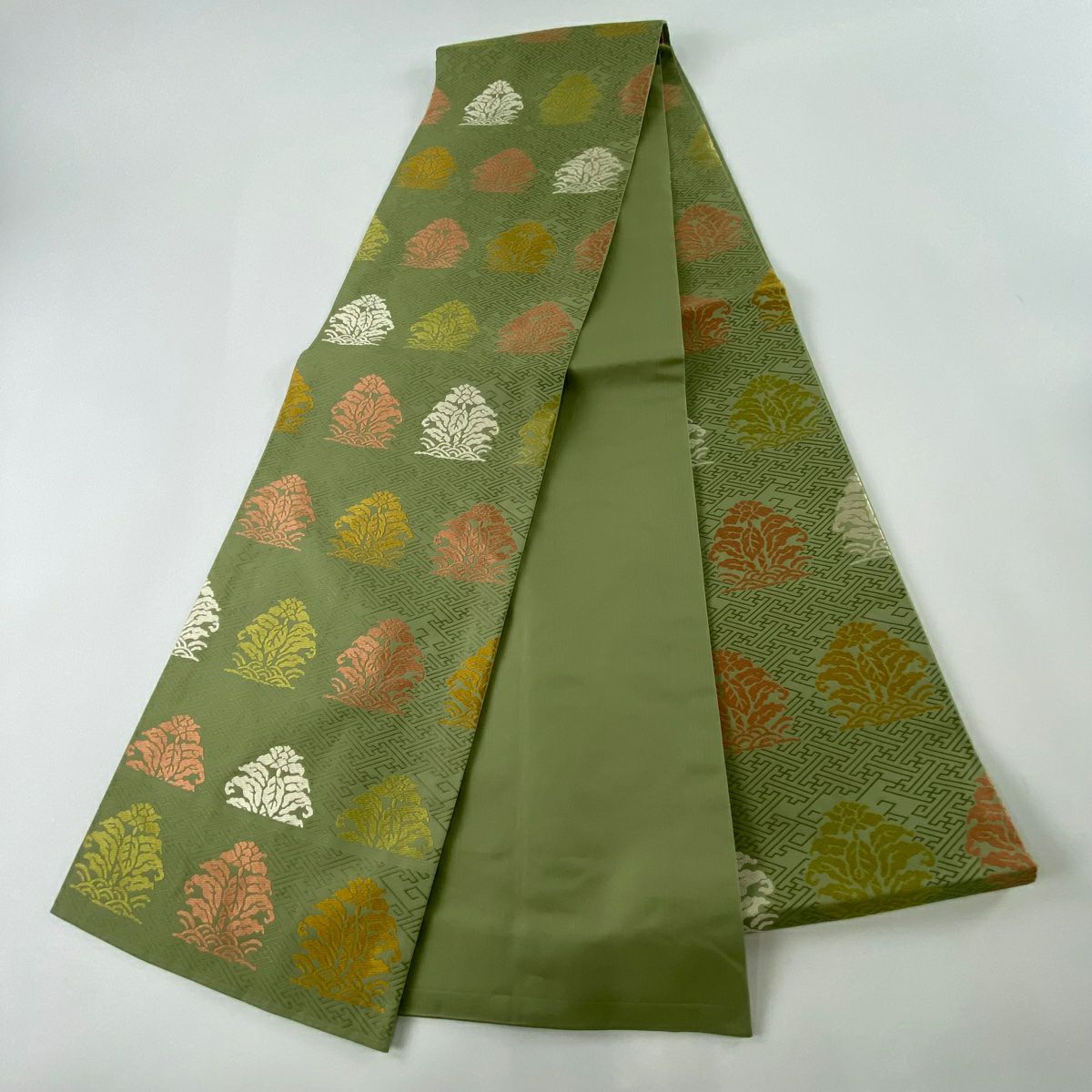 【美品】 袋帶 秀品級 關西仕立 草花紋 紗綾形 艾草綠 全通 純蠶絲