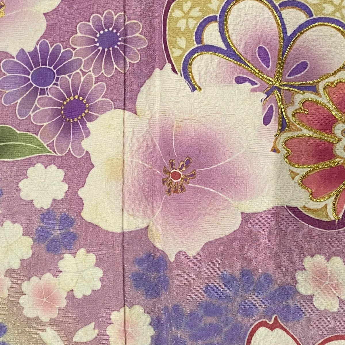 振袖禮服 身長173.5cm 袖長67.5cm L 雙層 草花紋紋 菊花花 金絲 金銀彩 青紫 純蠶絲 名品級