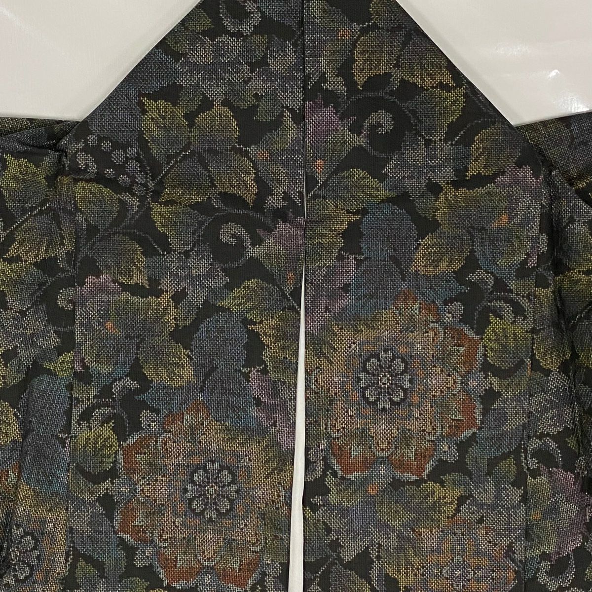 【美品】 紬織織 身長157cm 袖長62cm S 雙層 花唐草紋 華紋 黑 純蠶絲 名品級
