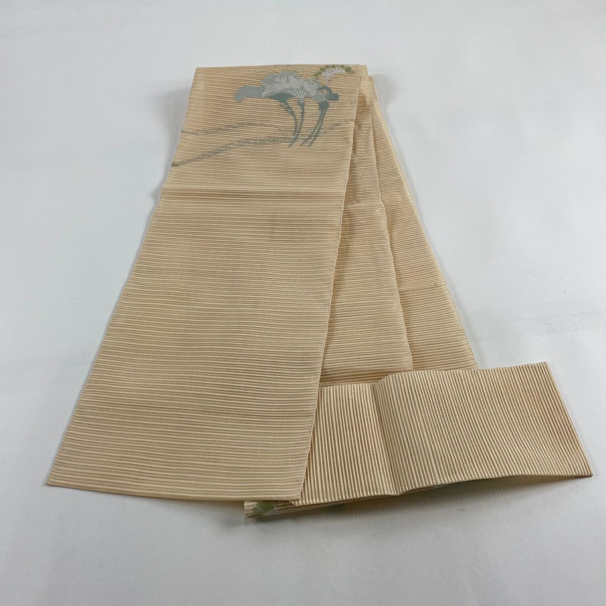 名古屋帶 秀品級 夏帶 絽 松樹葉仕立 八寸名古屋帶 草花紋 金銀彩 米色 純蠶絲