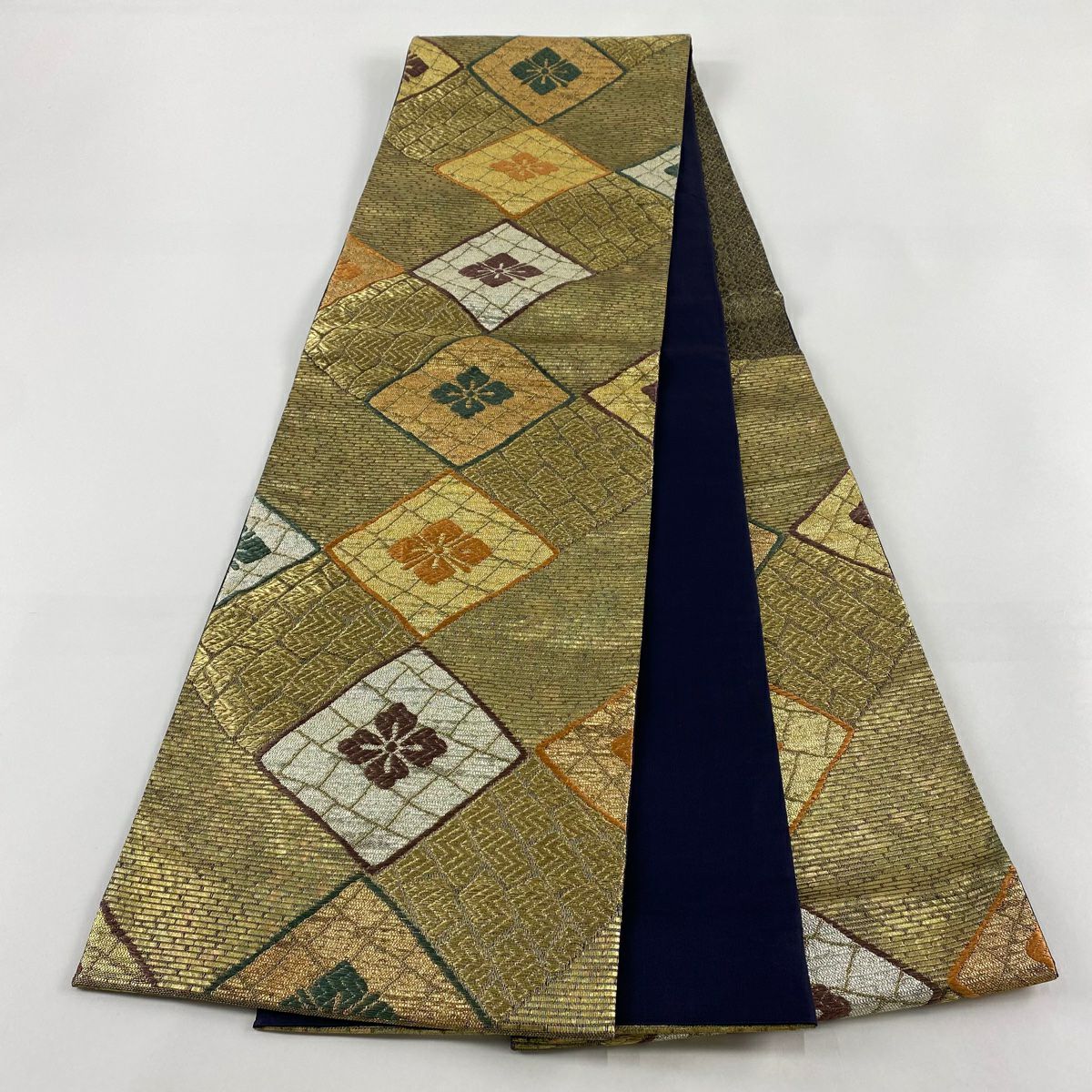 【美品】 袋帶 秀品級 菱 花菱 刺繡 金絲 金色 六通 純蠶絲