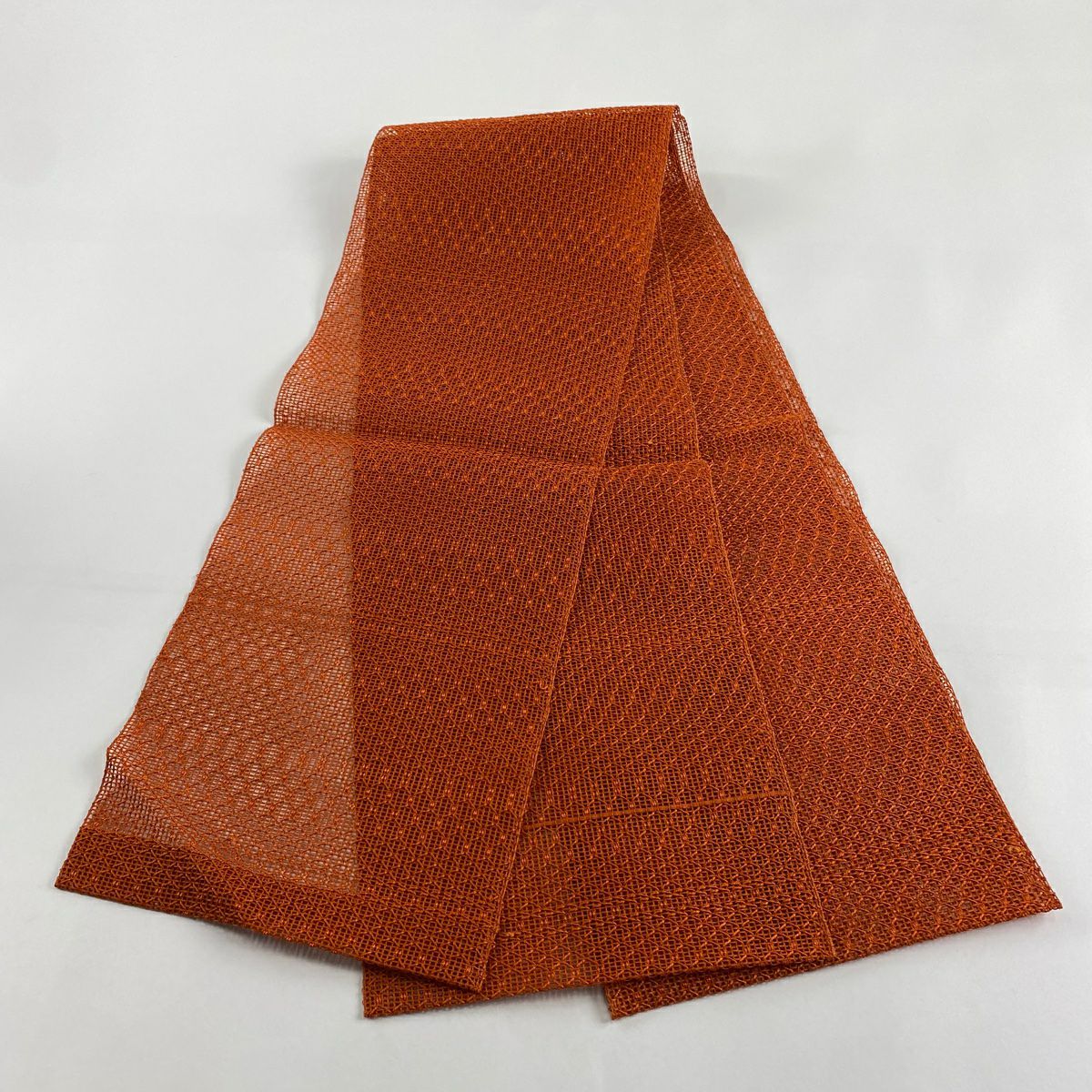 【美品】名古屋帶 秀品級 夏帶 羅 八寸名古屋帶 隧道仕立 幾何圖案 橙色 純蠶絲