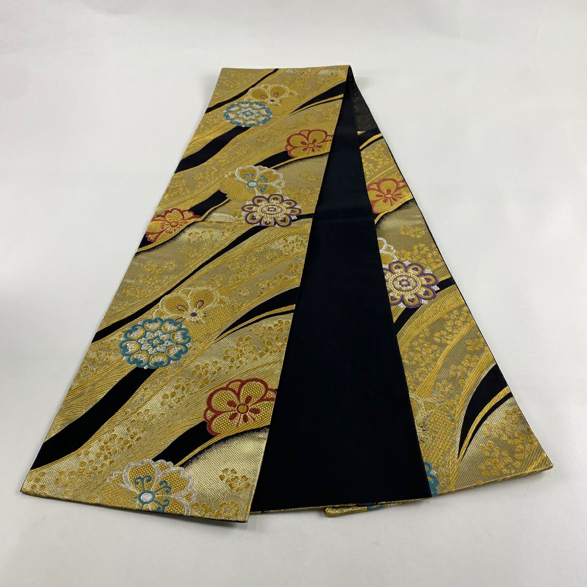 【美品】 袋帶 秀品級 華紋 櫻花 金銀線 金金箔 黑 六通 純蠶絲