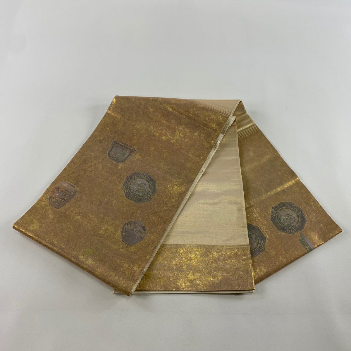 袋帶 秀品級 圖案 盤子 器物 金金箔 金色 大鼓紋 純蠶絲