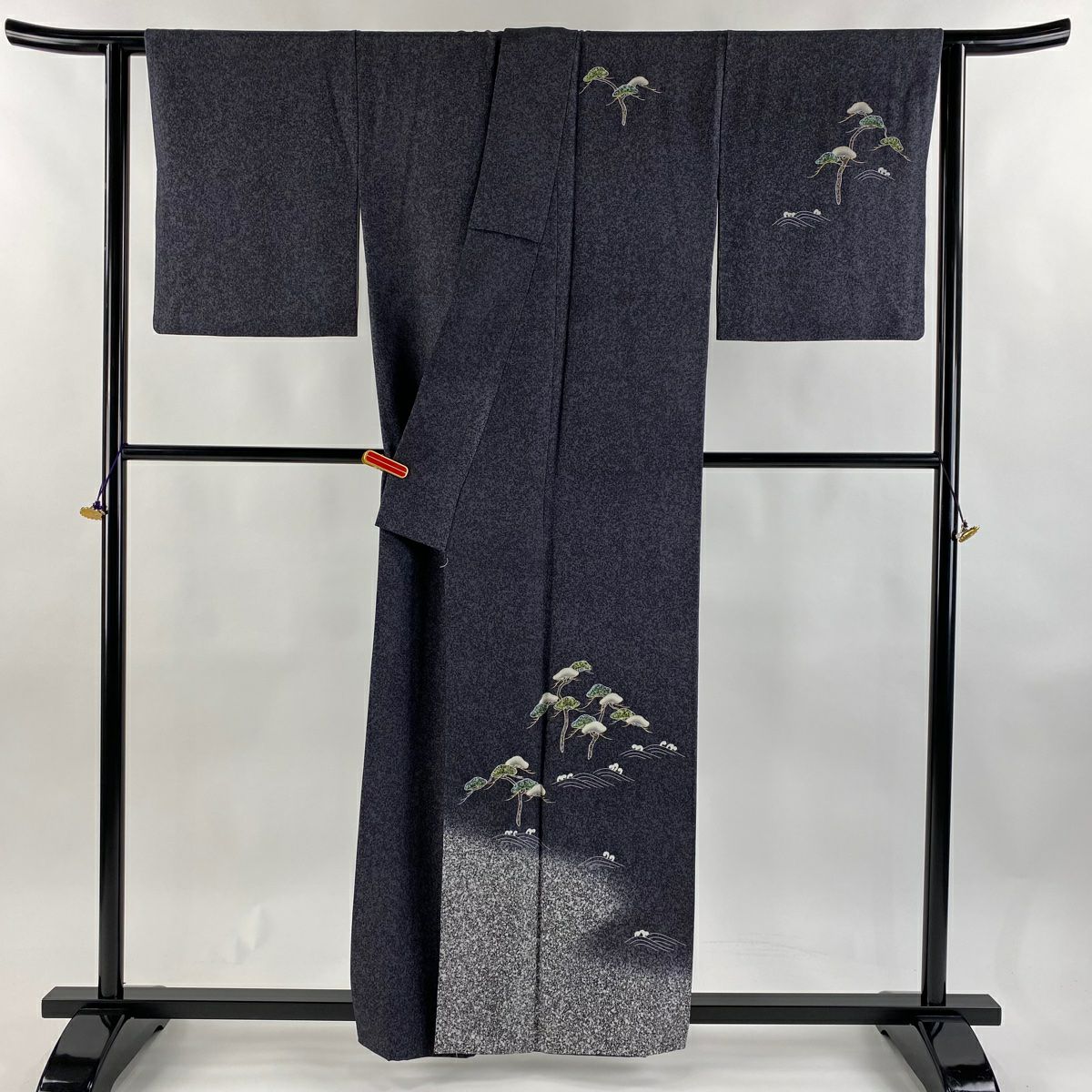 訪問服 身長159.5cm 袖長64.5cm M 雙層 松樹井青青 落款あり 松樹 波頭 金銀彩 漸層 黑灰 純蠶絲 逸品級 一つ紋